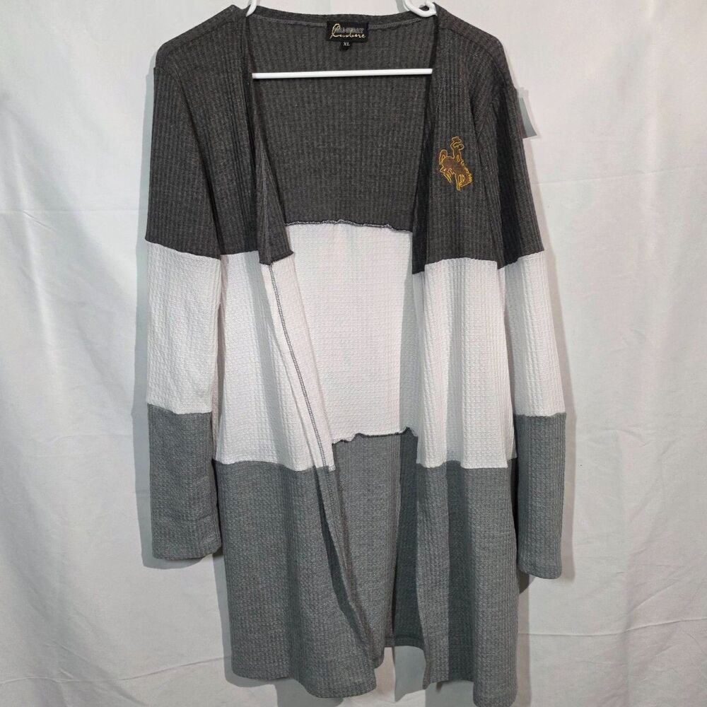 Gameday Couture Wyoming Cowboys Cardigan Open Front Waffle Knit Gray White XL